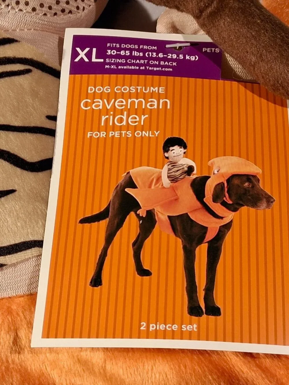 CAVEMAN RIDER DOG COSTUME 2 pc set  XL (30-65lbs)  Rider & Headpiece  Plush  NEW